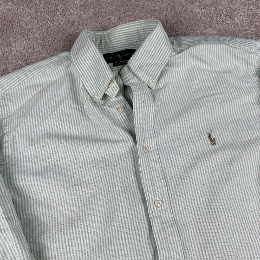 Ralph Lauren Custom Fit Striped Shirt VTG Y2K Striped Green Flesh Pony 17 33-32